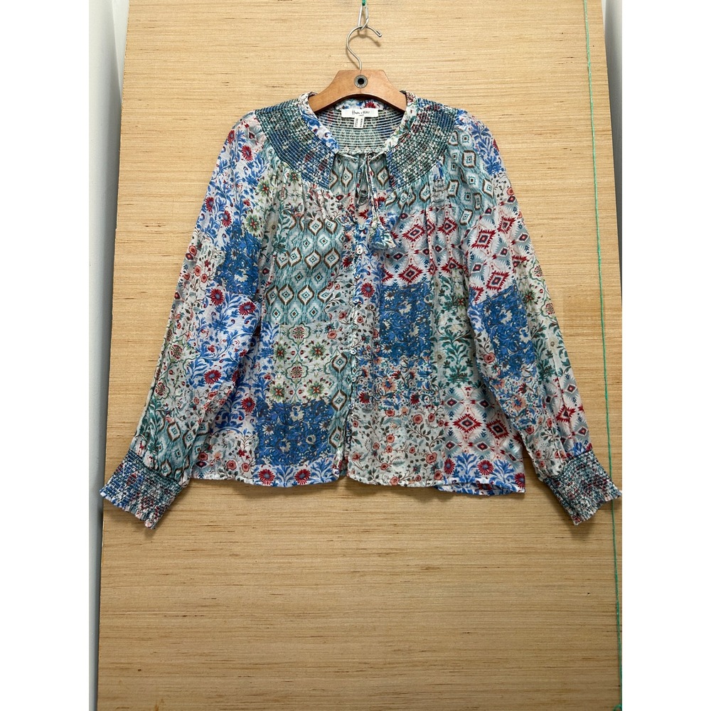 Haver & Blair London Womens Medium Patchwork Boho Smocked Button‎ Front Blouse